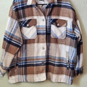 RSQ Womens Shirt Jacket Plaid Flannel Button Up M Tan Blue